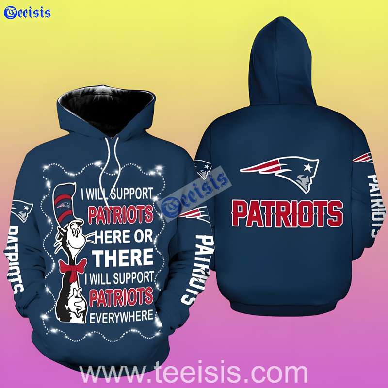 New England Patriots The Cat In The Hat 3D Hoodie Blue Printed For Fans