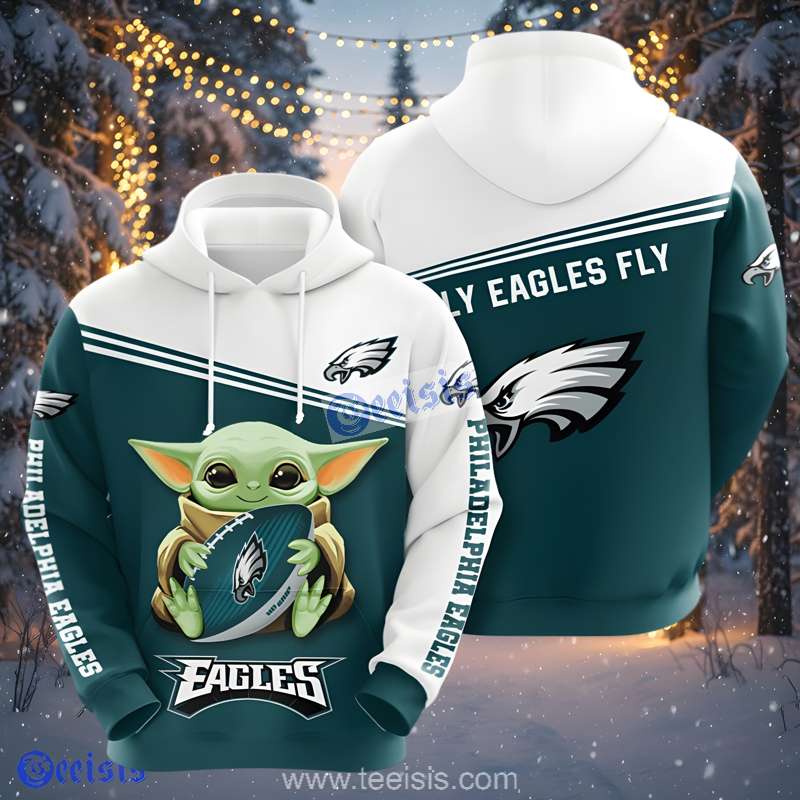 Philadelphia Eagles Cute Yoda Holding Football White Green 3D Hoodie