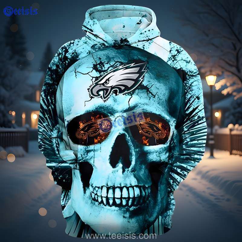 Philadelphia Eagles Fiery Eyes Skull Graphic Men 3D Hoodie