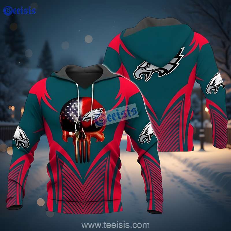 Philadelphia Eagles Football 3D Hoodie Red And Teal Skull Graphic For Superfans
