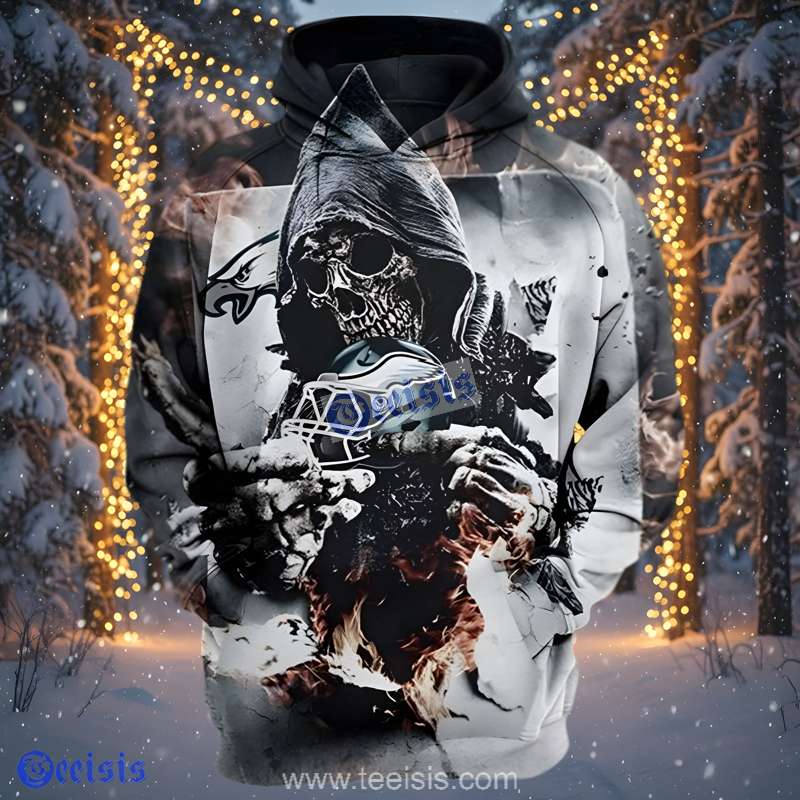 Philadelphia Eagles Grim Reaper Skull 3D Hoodie Fiery Black And White Helmet Design