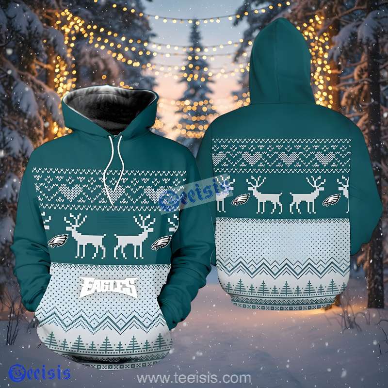 Philadelphia Eagles Holiday Reindeer Pattern Grey Green 3D Hoodie Sale