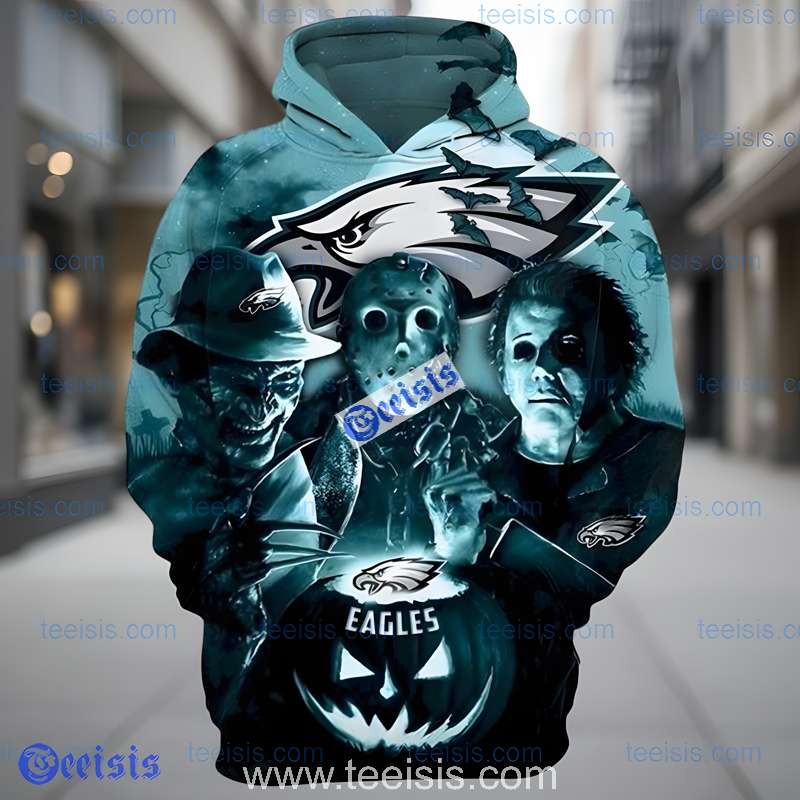 Philadelphia Eagles Horror Characters Hoodie  Halloween 3D Graphic Pullover For Fans