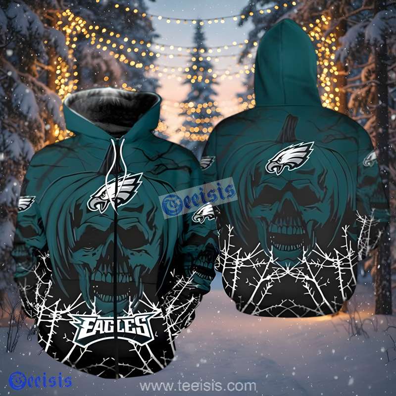 Philadelphia Eagles Pumpking SKull Zip Hoodie 3D For Youth