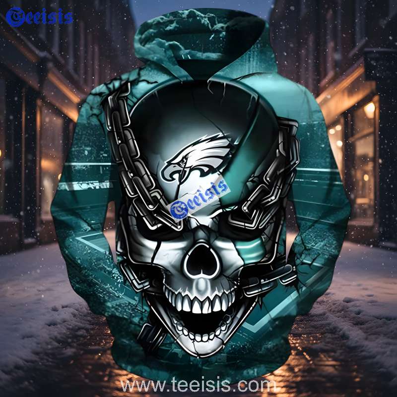 Philadelphia Eagles Skull 3D Hoodie Cracked Helmet And Chain Design