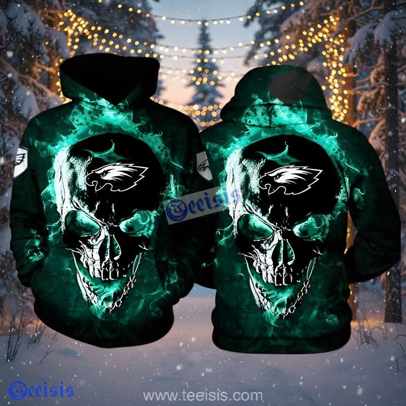 Philadelphia Eagles Skull Burning Effect Green Black Youth 3D Hoodie