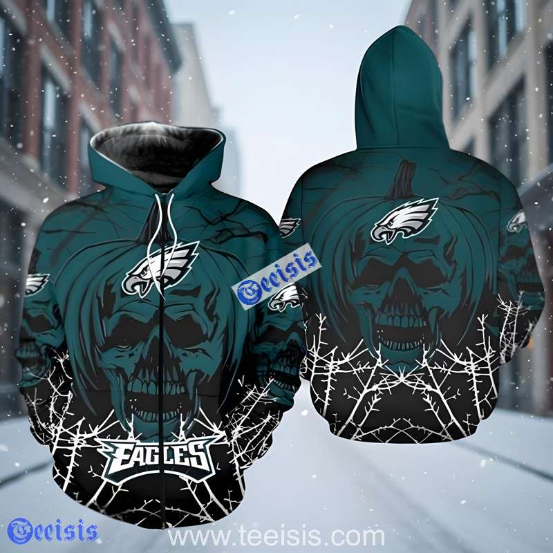 Philadelphia Eagles Skull Hoodie  Dark 3D Halloween Style Zip Up Jacket