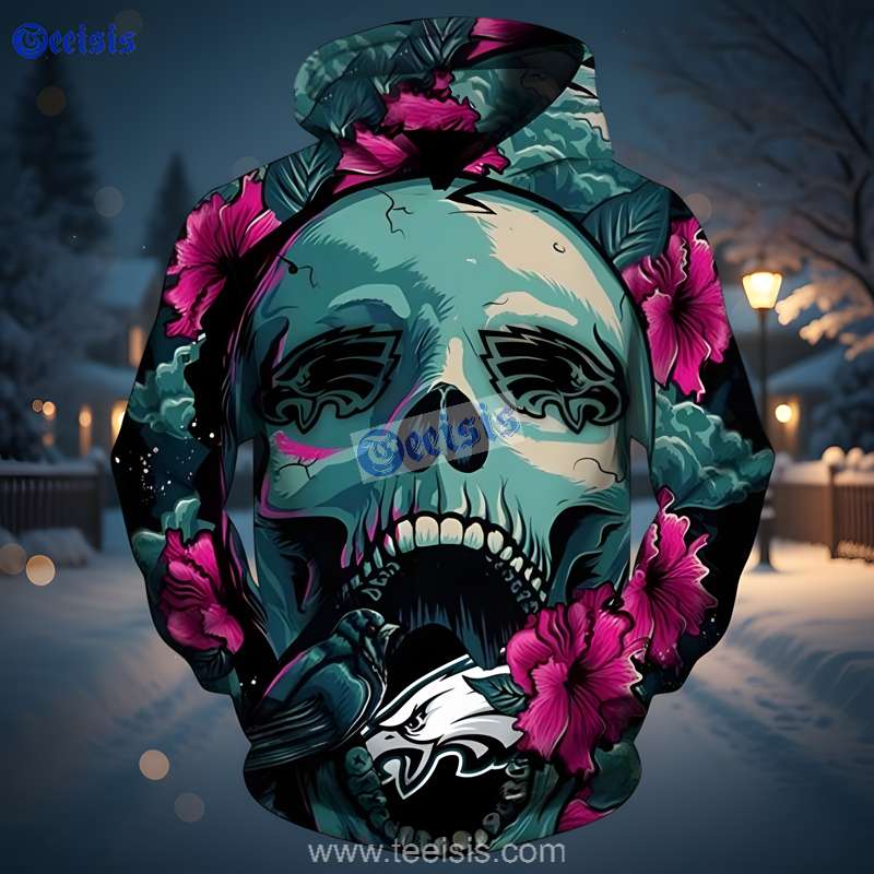 Philadelphia Eagles Skull Pink Floral 3D Hoodie Youth