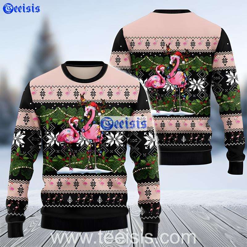 Pink Flamingo Ugly Christmas Sweater Festive Flamingo Couple Holiday Knit Jumper