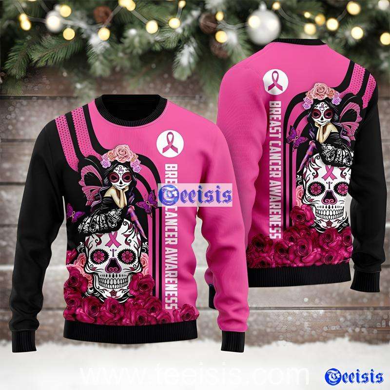 Pink Ribbon Breast Cancer Awareness Ugly Sweater Sugar Skull Fairy Design