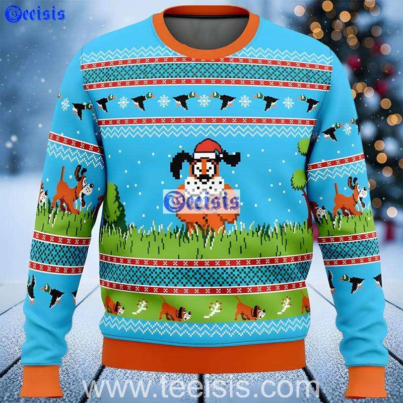 Retro Duck Hunt Christmas Sweater  Funny Pixel Dog Ugly Xmas Knit