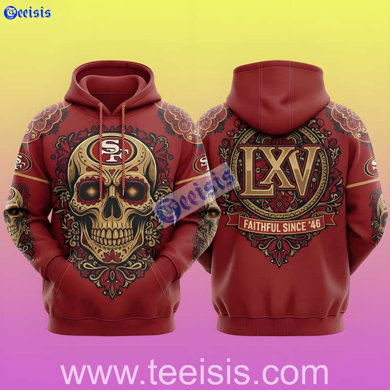 San Francisco 49Ers Skull Design Christmas Pattern Red Gold 3D Hoodie