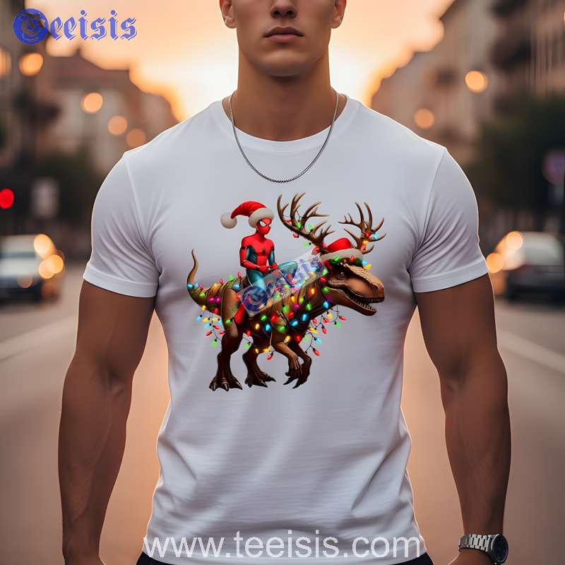 Spider Hero Riding A Christmas Dino Mens Shirt