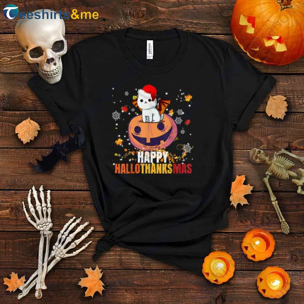 Hallothanksmas T Shirt, Halloween, Thanksgiving, Christmas Cat Pumpkin Design