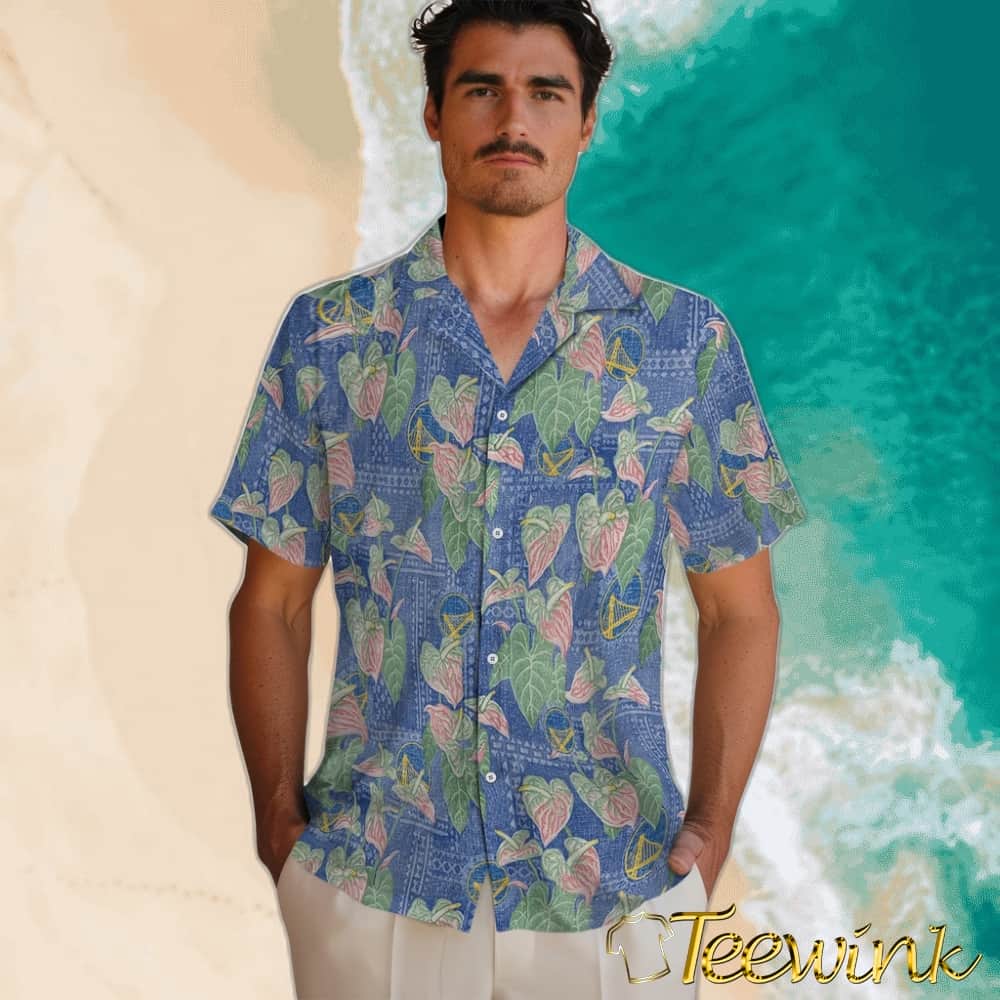 Anthurium Overlay Golden State Warriors Hawaiian Shirt image 2 Anthurium Overlay Golden State Warriors Hawaiian Shirt image 2