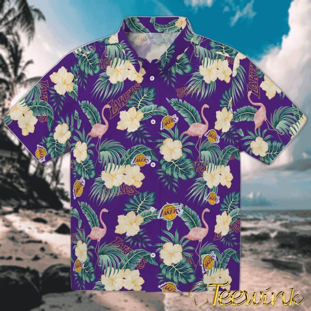 Flamingo and Hibiscus Los Angeles Lakers Hawaiian Shirt