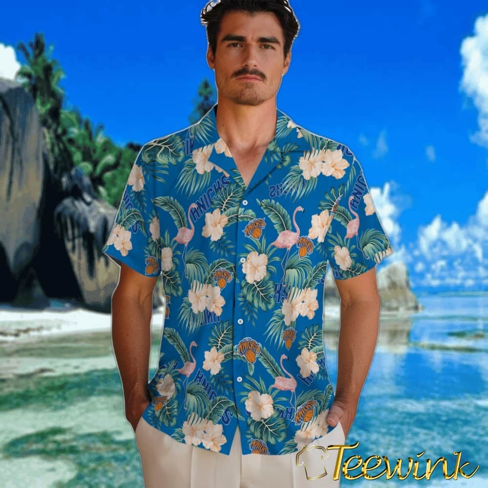 Flamingo and Hibiscus New York Knicks Hawaiian Shirt image 2 Flamingo and Hibiscus New York Knicks Hawaiian Shirt image 2