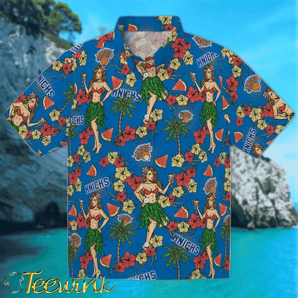 Hibiscus and Palm Leaves New York Knicks Hawaiian Shirt