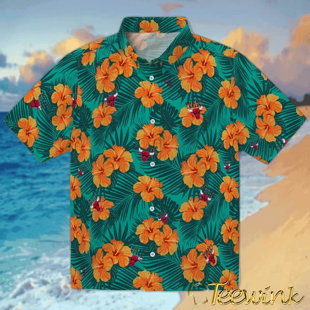 Hibiscus And Palm Leaves Chicago Bulls Hawaiian Shirt