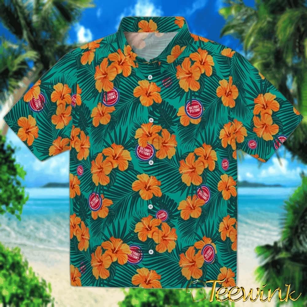 Hibiscus and Palm Leaves Detroit Pistons Hawaiian Shirt