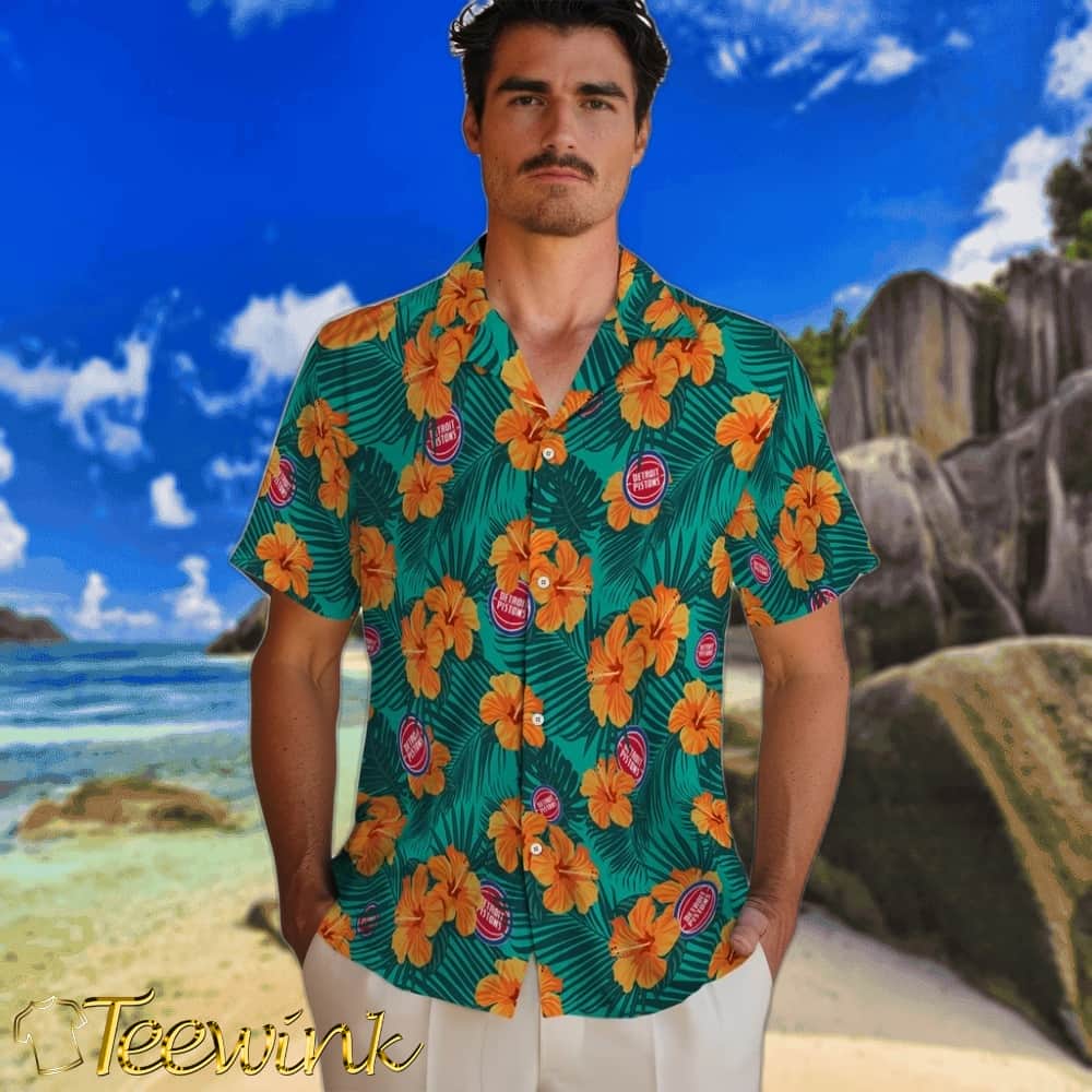 Hibiscus and Palm Leaves Detroit Pistons Hawaiian Shirt image 2 Hibiscus and Palm Leaves Detroit Pistons Hawaiian Shirt image 2