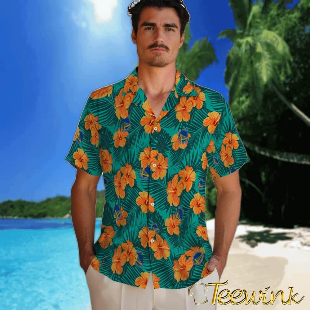 Hibiscus and Palm Leaves Golden State Warriors Hawaiian Shirt image 2 Hibiscus and Palm Leaves Golden State Warriors Hawaiian Shirt image 2