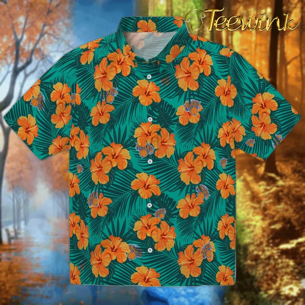 Hibiscus and Palm Leaves New York Knicks Hawaiian Shirt