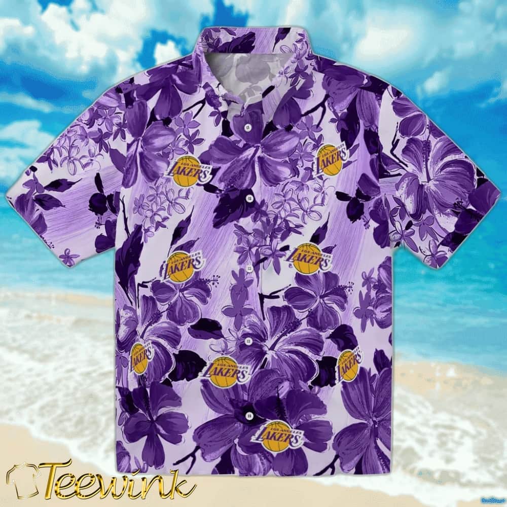 Hibiscus and Palm Leaves Los Angeles Lakers Hawaiian Shirt