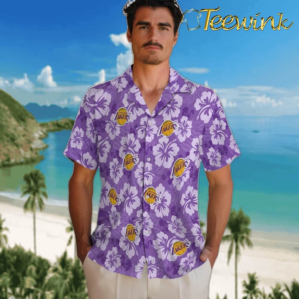 Hibiscus Cluster Los Angeles Lakers Hawaiian Shirt image 2 Hibiscus Cluster Los Angeles Lakers Hawaiian Shirt image 2