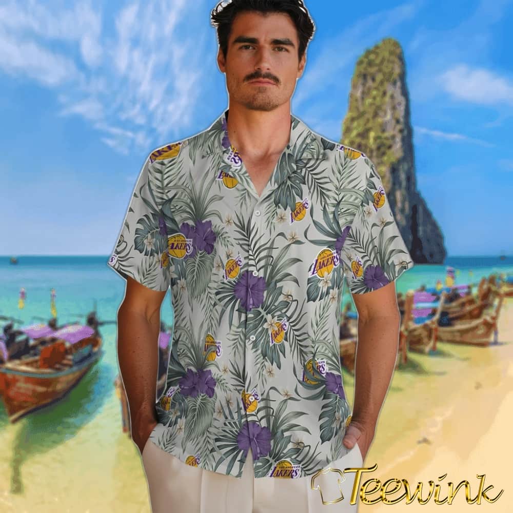 Hibiscus Designs Los Angeles Lakers Hawaiian Shirt image 2 Hibiscus Designs Los Angeles Lakers Hawaiian Shirt image 2