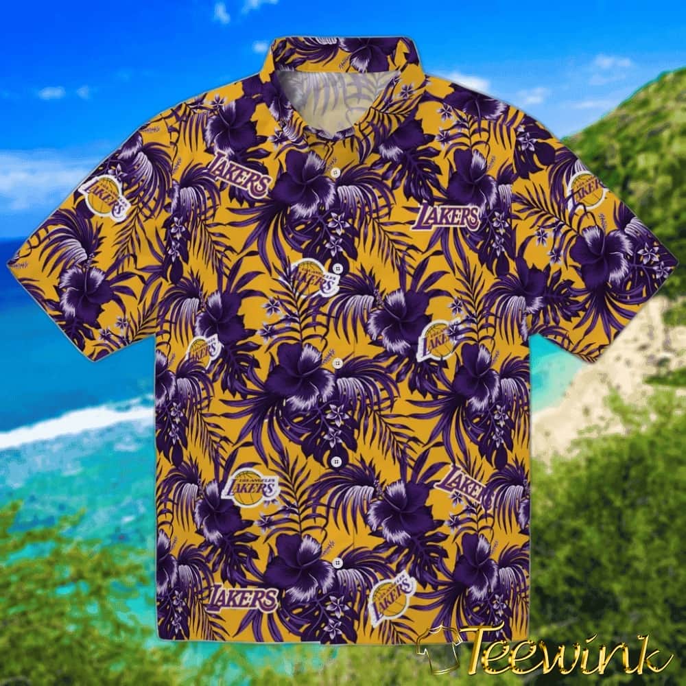 Hibiscus Designs Los Angeles Lakers Hawaiian Shirt Hibiscus Designs Los Angeles Lakers Hawaiian Shirt