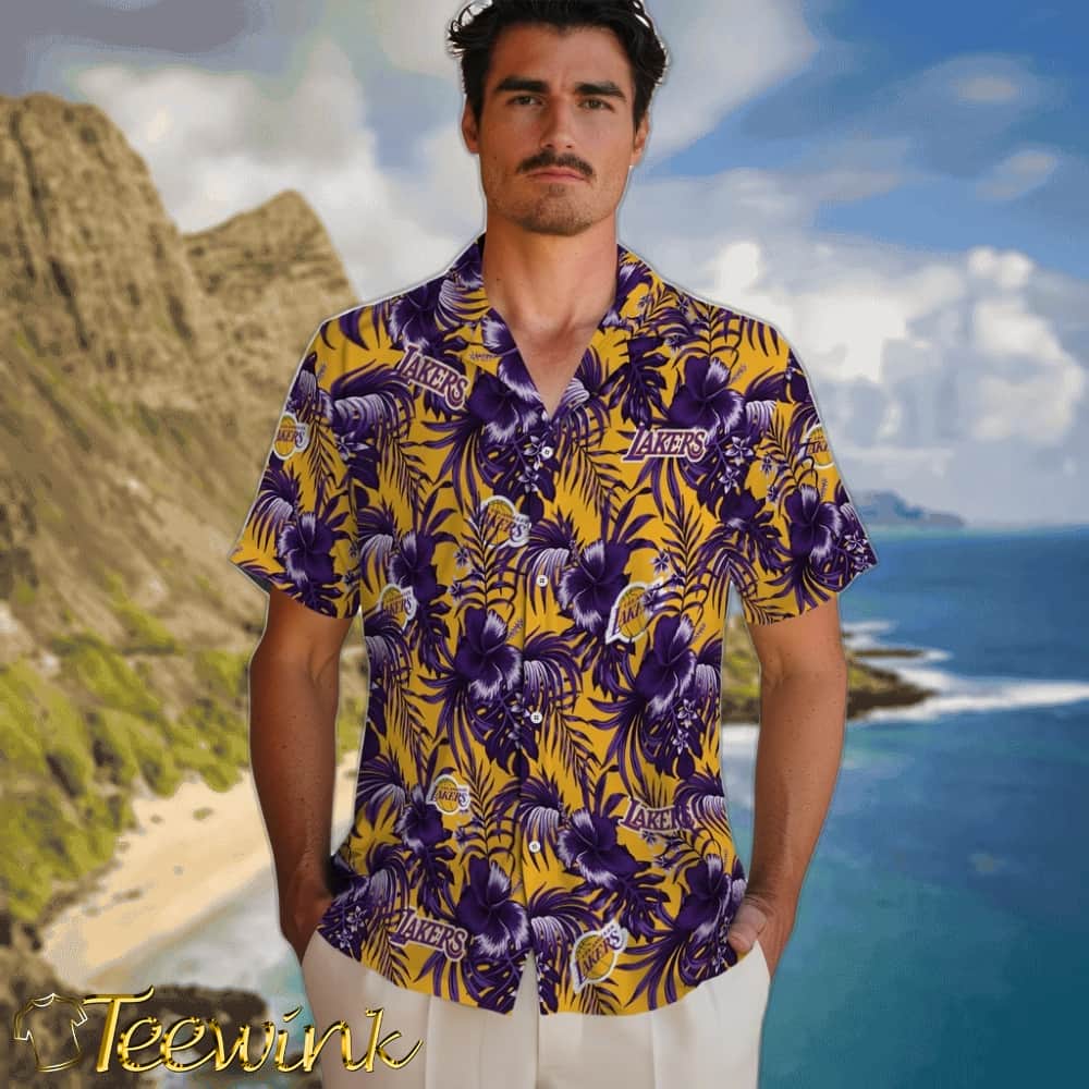 Hibiscus Exotic Los Angeles Lakers Hawaiian Shirt image 2 Hibiscus Exotic Los Angeles Lakers Hawaiian Shirt image 2