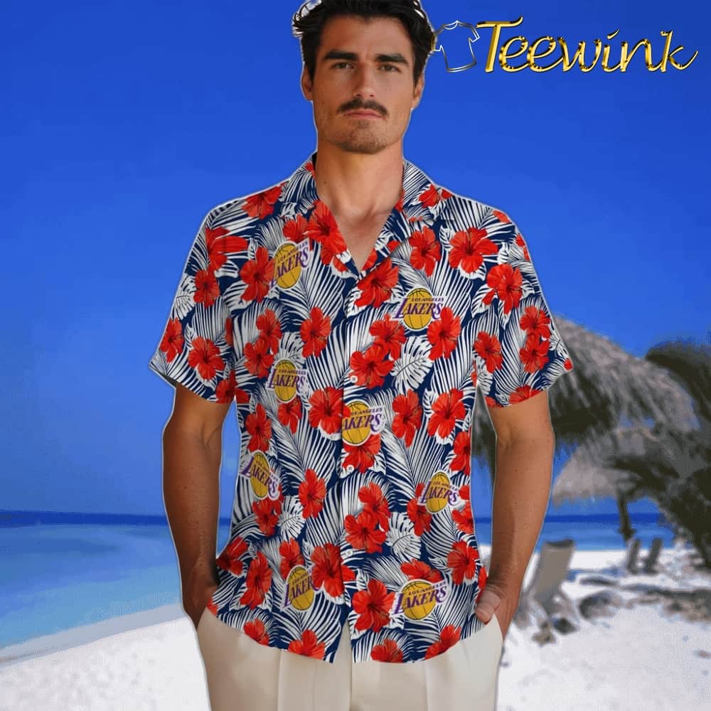 Hibiscus Fiesta Los Angeles Lakers Hawaiian Shirt image 2 Hibiscus Fiesta Los Angeles Lakers Hawaiian Shirt image 2