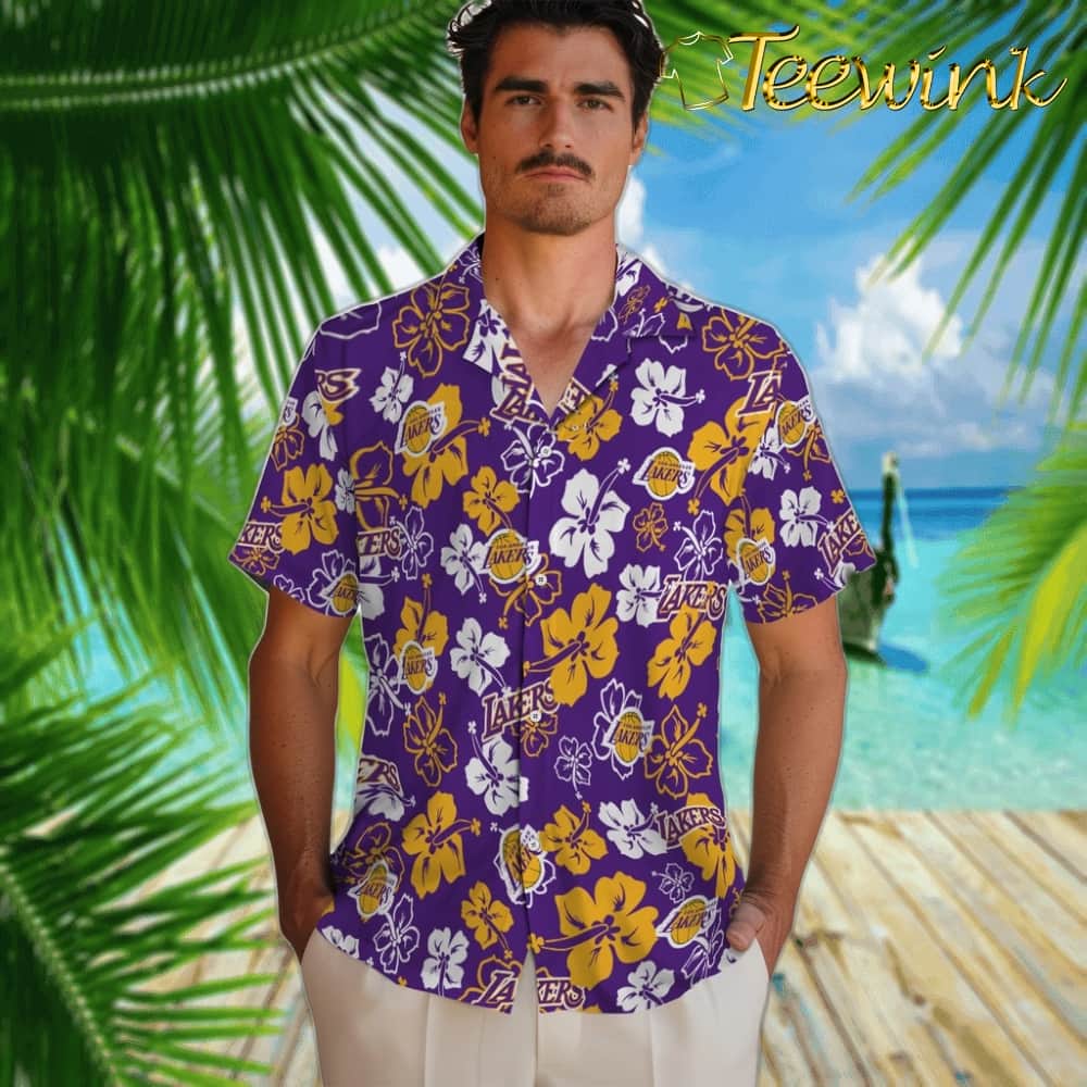 Hibiscus Flower Design Los Angeles Lakers Hawaiian Shirt image 2 Hibiscus Flower Design Los Angeles Lakers Hawaiian Shirt image 2