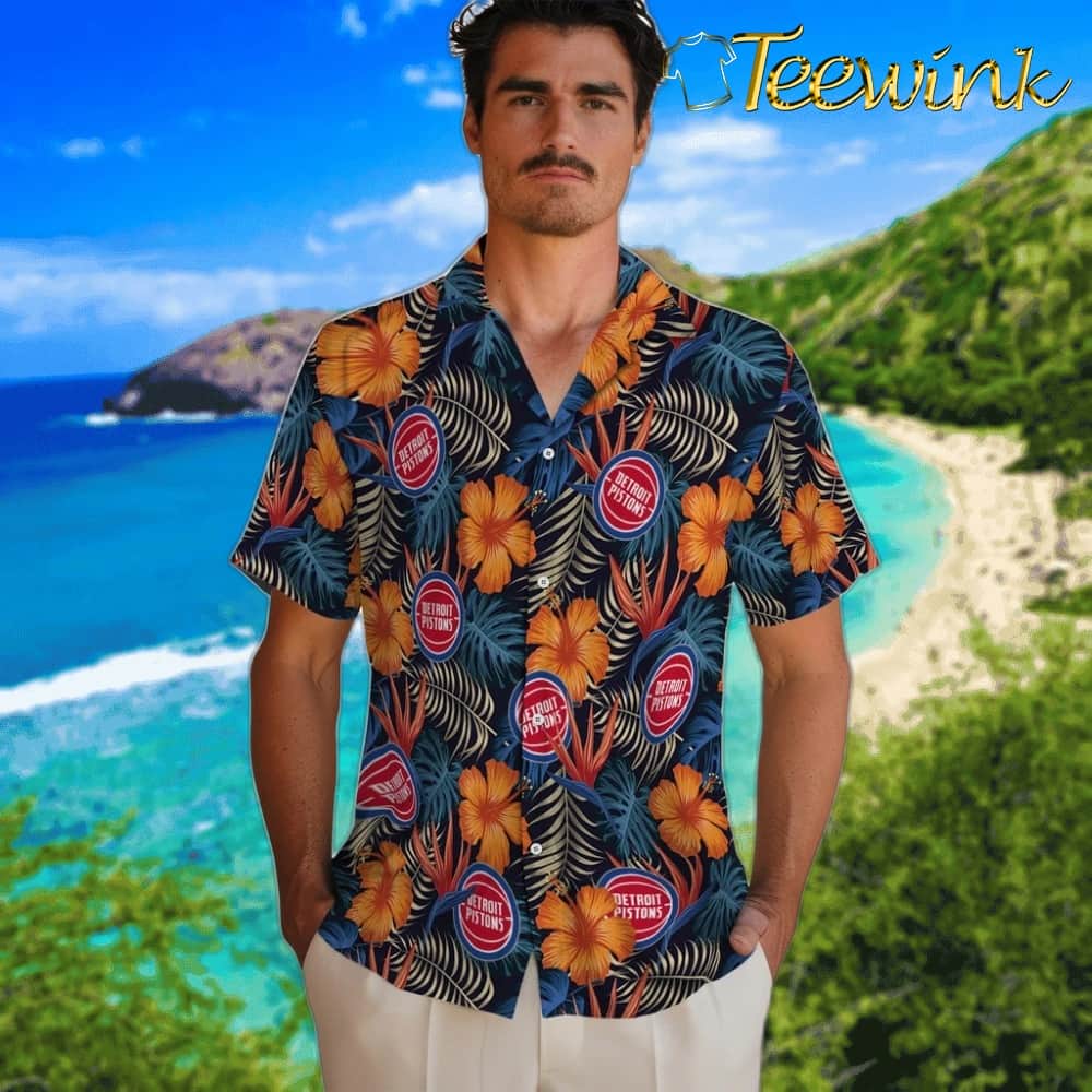 Hibiscus Foliage Detroit Pistons Hawaiian Shirt image 2 Hibiscus Foliage Detroit Pistons Hawaiian Shirt image 2