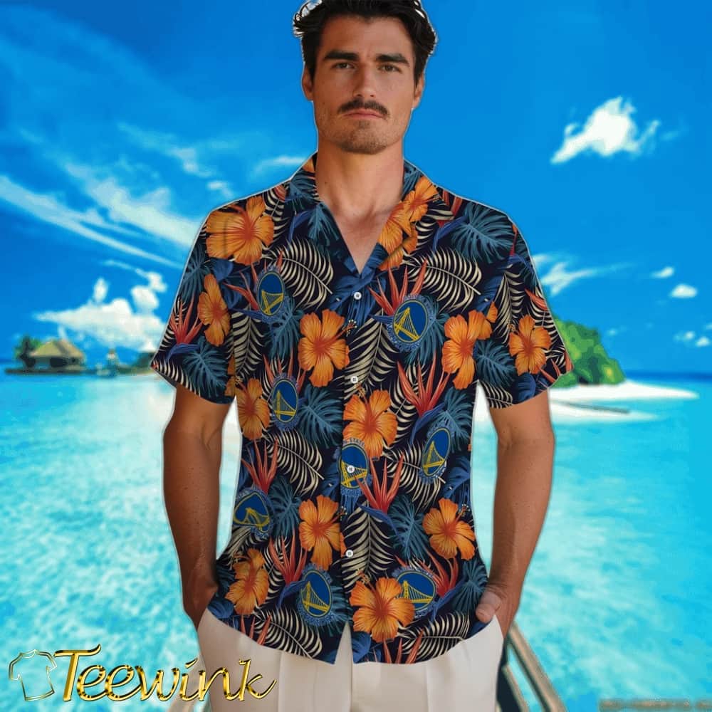 Hibiscus Foliage Golden State Warriors Hawaiian Shirt image 2 Hibiscus Foliage Golden State Warriors Hawaiian Shirt image 2