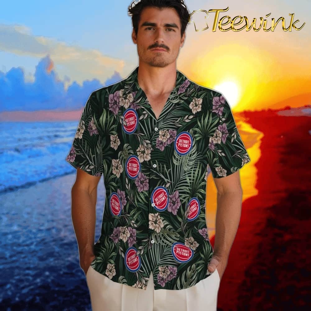 Hibiscus Leaves Pattern Detroit Pistons Hawaiian Shirt image 2 Hibiscus Leaves Pattern Detroit Pistons Hawaiian Shirt image 2