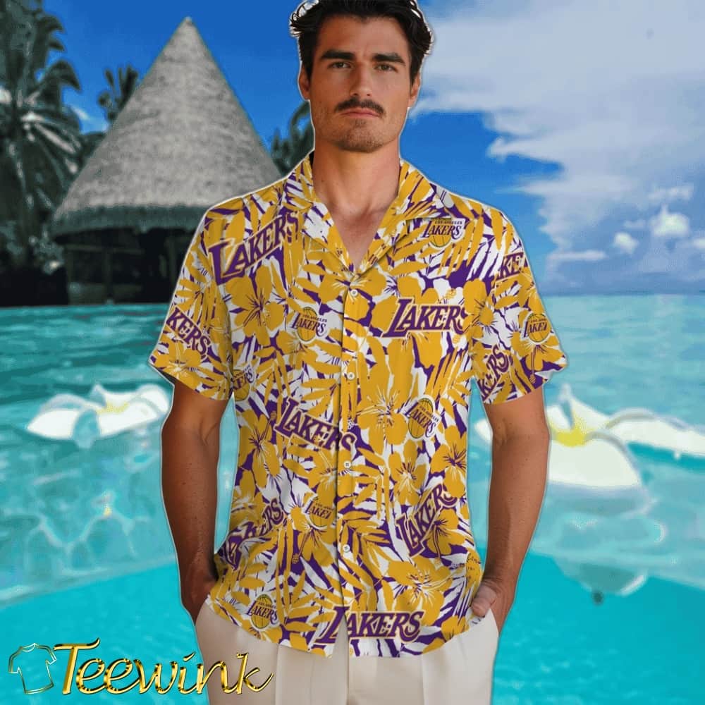 Hibiscus Overlay Los Angeles Lakers Hawaiian Shirt image 2 Hibiscus Overlay Los Angeles Lakers Hawaiian Shirt image 2