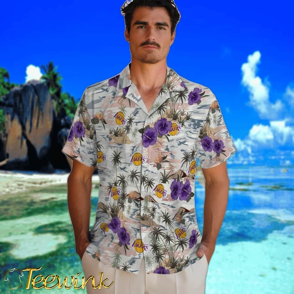 Hibiscus Seaside Los Angeles Lakers Hawaiian Shirt image 2 Hibiscus Seaside Los Angeles Lakers Hawaiian Shirt image 2
