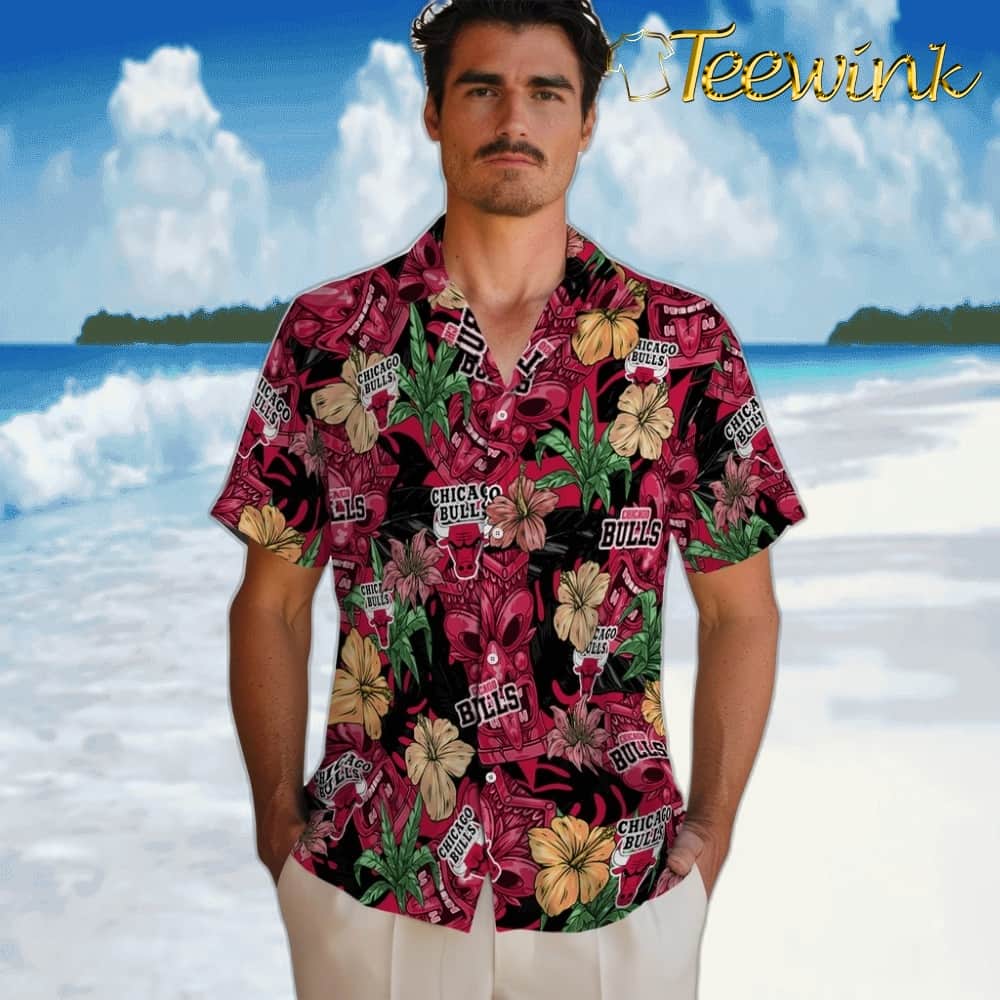 Hibiscus Tiki Jungle Chicago Bulls Hawaiian Shirt image 2 Hibiscus Tiki Jungle Chicago Bulls Hawaiian Shirt image 2
