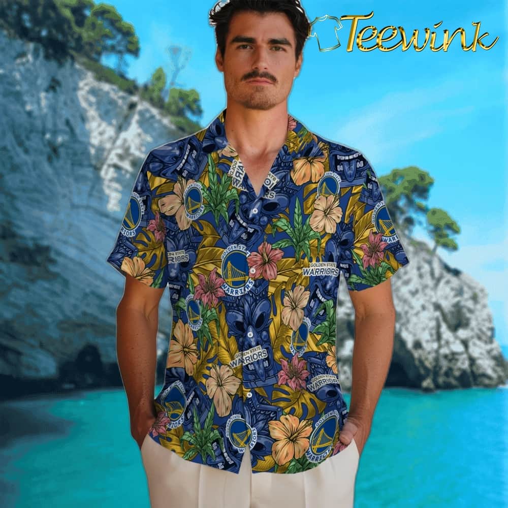 Hibiscus Tiki Jungle Golden State Warriors Hawaiian Shirt image 2 Hibiscus Tiki Jungle Golden State Warriors Hawaiian Shirt image 2