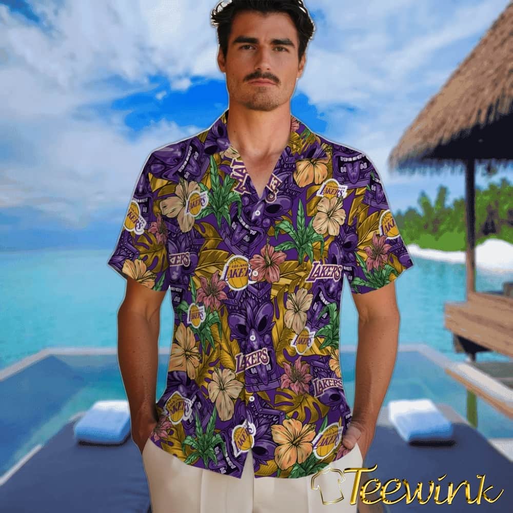Hibiscus Tiki Jungle Los Angeles Lakers Hawaiian Shirt image 2 Hibiscus Tiki Jungle Los Angeles Lakers Hawaiian Shirt image 2