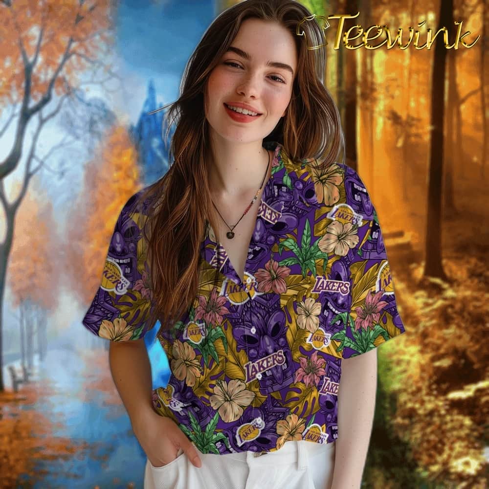Hibiscus Tiki Jungle Los Angeles Lakers Hawaiian Shirt image 4 Hibiscus Tiki Jungle Los Angeles Lakers Hawaiian Shirt image 4