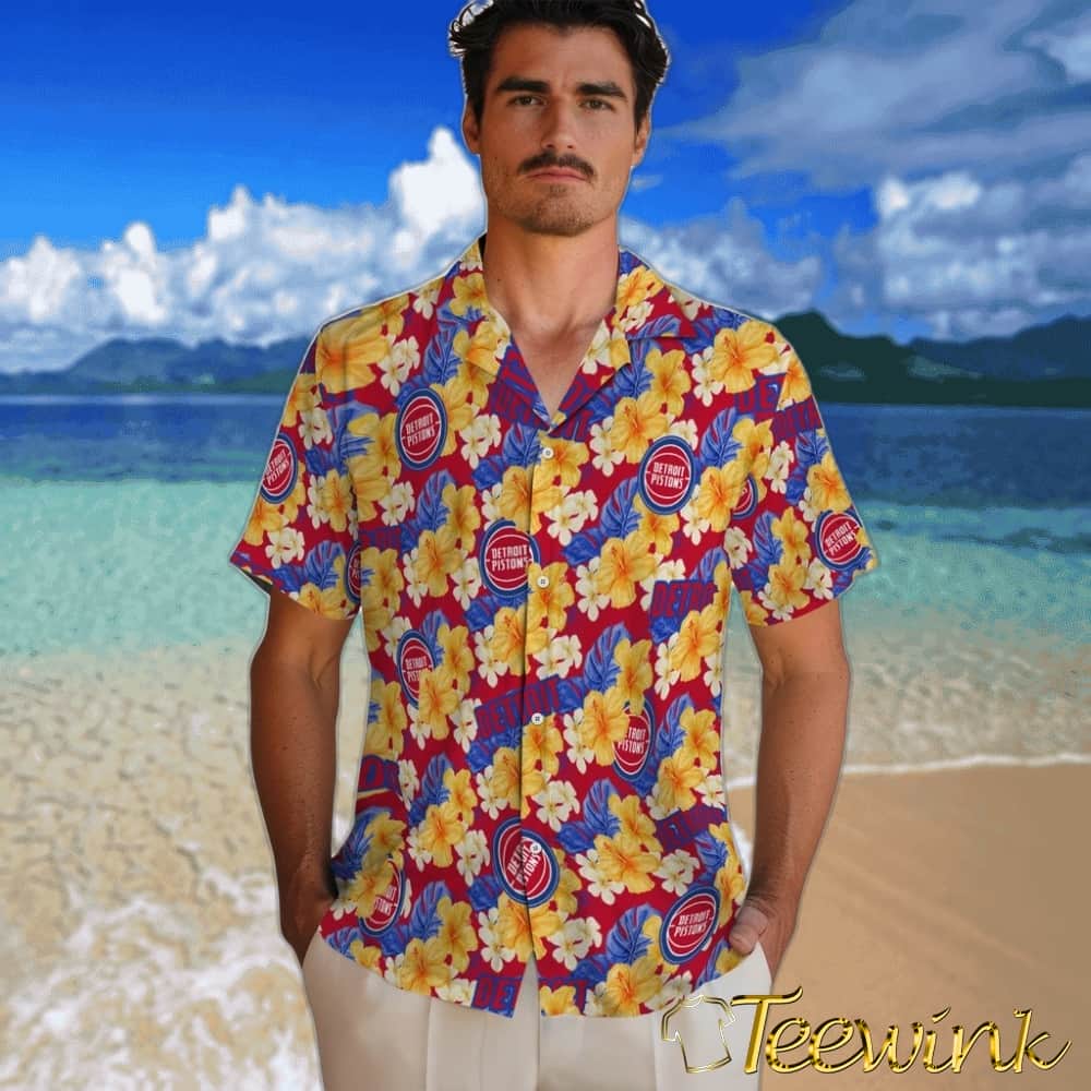 Hibiscus Tropics Detroit Pistons Hawaiian Shirt image 2 Hibiscus Tropics Detroit Pistons Hawaiian Shirt image 2