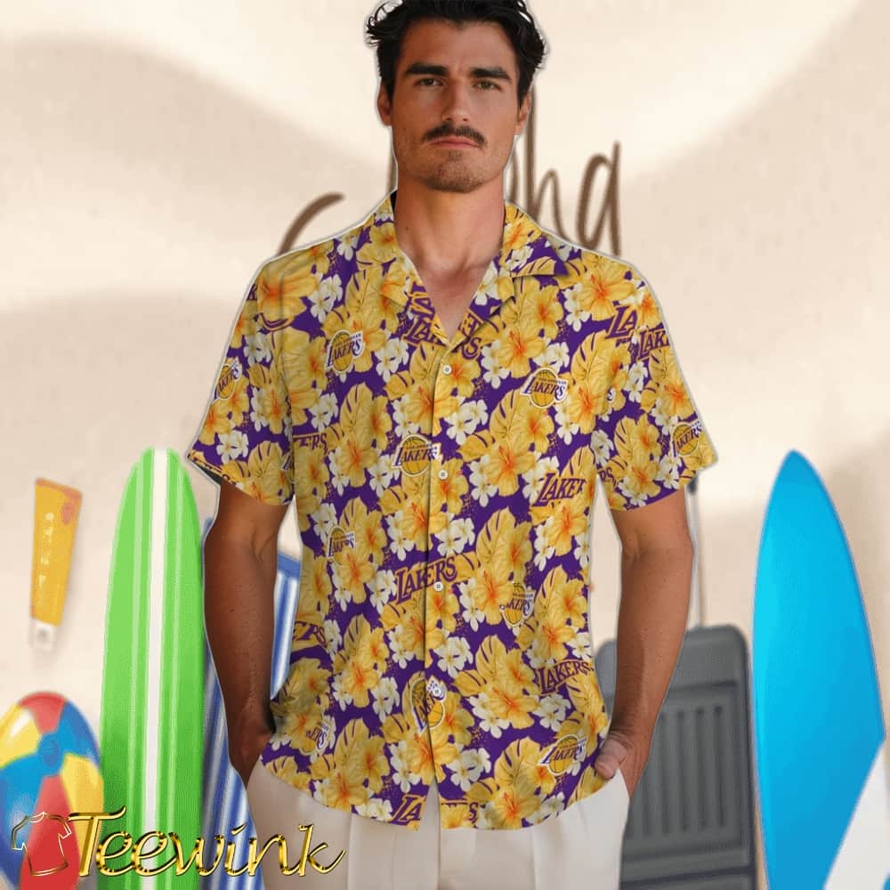 Hibiscus Tropics Los Angeles Lakers Hawaiian Shirt image 2 Hibiscus Tropics Los Angeles Lakers Hawaiian Shirt image 2