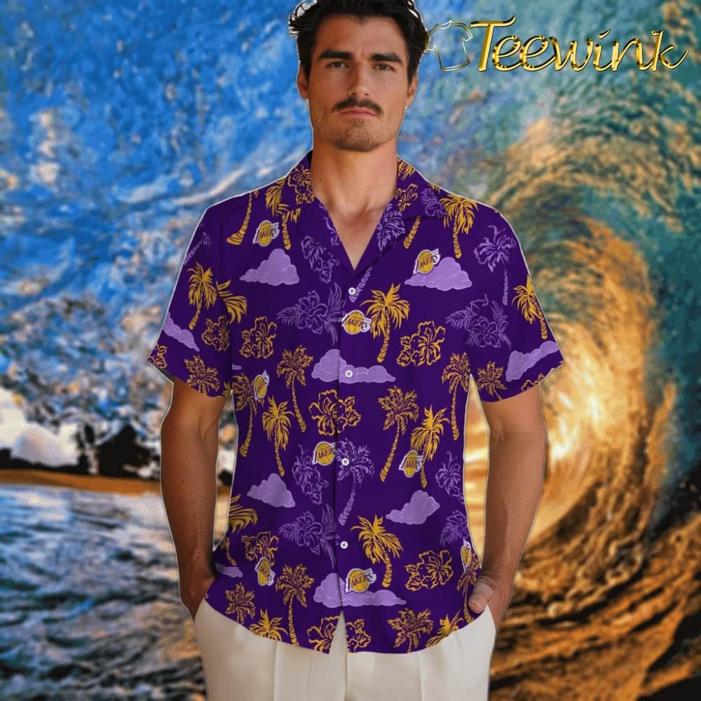 Palm And Clouds Los Angeles Lakers Hawaiian Shirt image 2 Palm And Clouds Los Angeles Lakers Hawaiian Shirt image 2