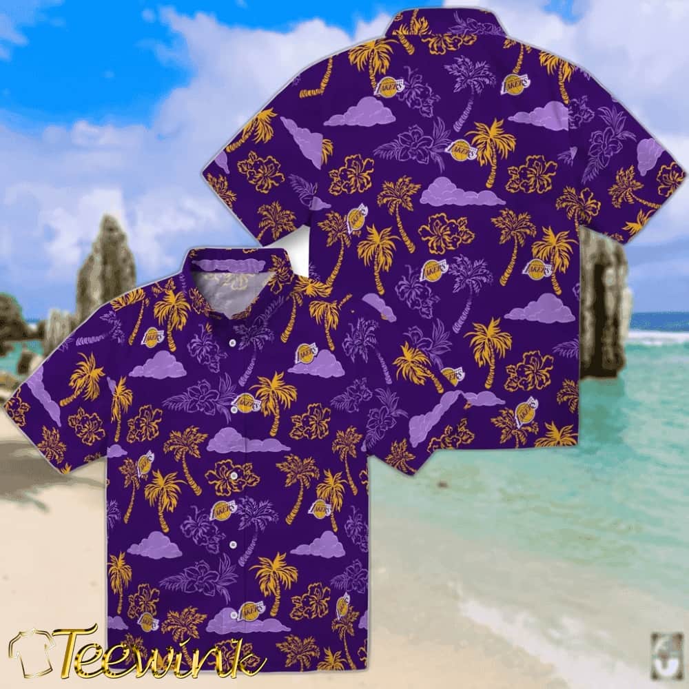 Palm And Clouds Los Angeles Lakers Hawaiian Shirt image 3 Palm And Clouds Los Angeles Lakers Hawaiian Shirt image 3