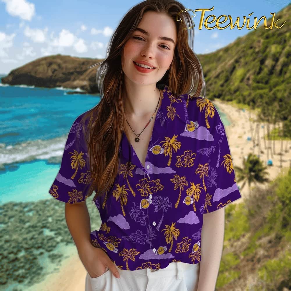 Palm And Clouds Los Angeles Lakers Hawaiian Shirt image 4 Palm And Clouds Los Angeles Lakers Hawaiian Shirt image 4