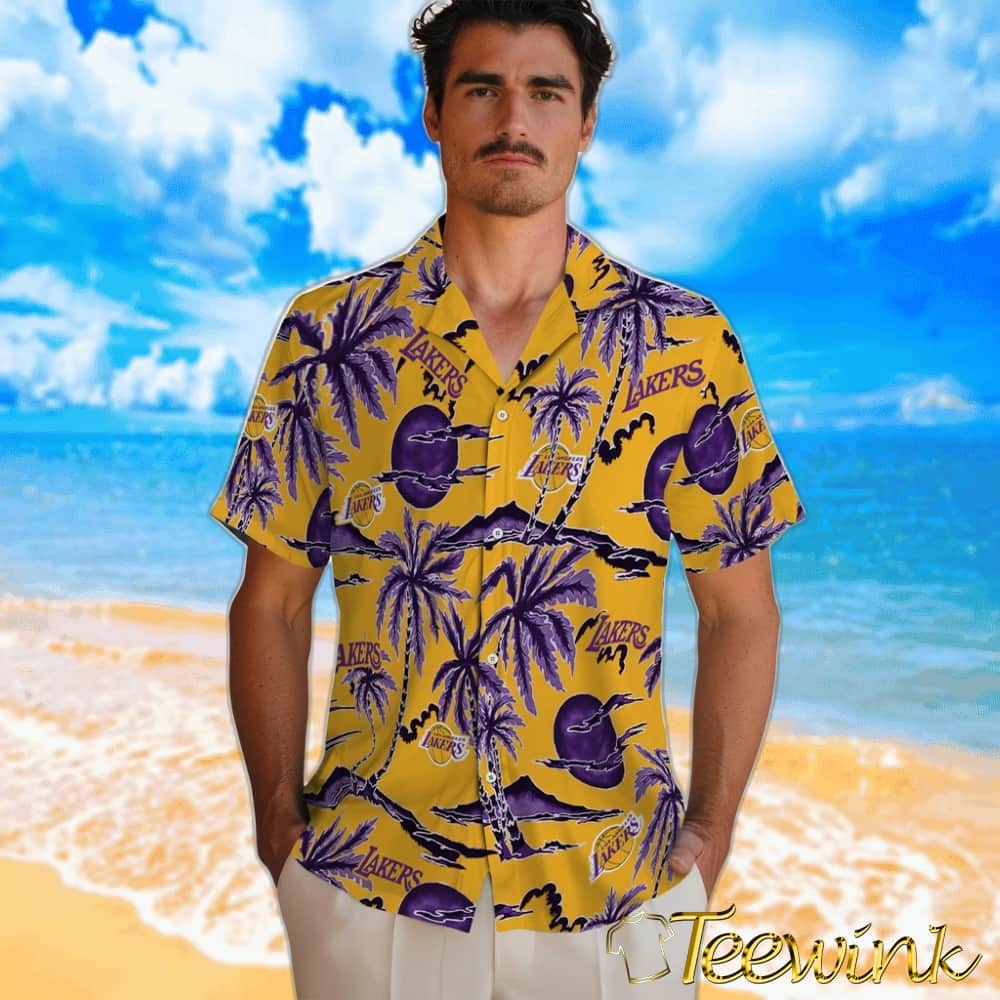 Palm Sunset Los Angeles Lakers Hawaiian Shirt image 2 Palm Sunset Los Angeles Lakers Hawaiian Shirt image 2