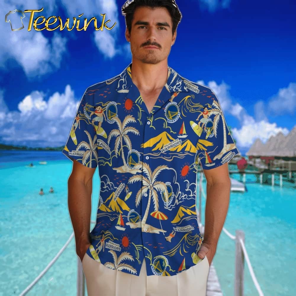 Palm Tree Island Golden State Warriors Hawaiian Shirt image 2 Palm Tree Island Golden State Warriors Hawaiian Shirt image 2
